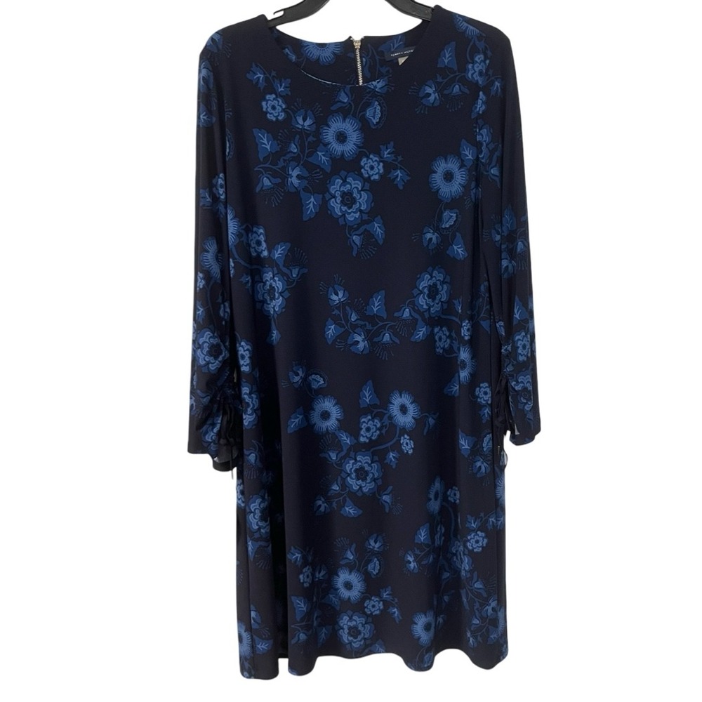 Tommy Hilfiger Womens Navy Blue Floral Print Ruched Sleeve Shift Dress Size 14